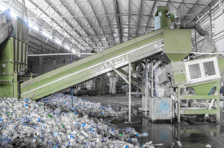 escalator with pile plastic bottles factory processing recycling 508835 5921