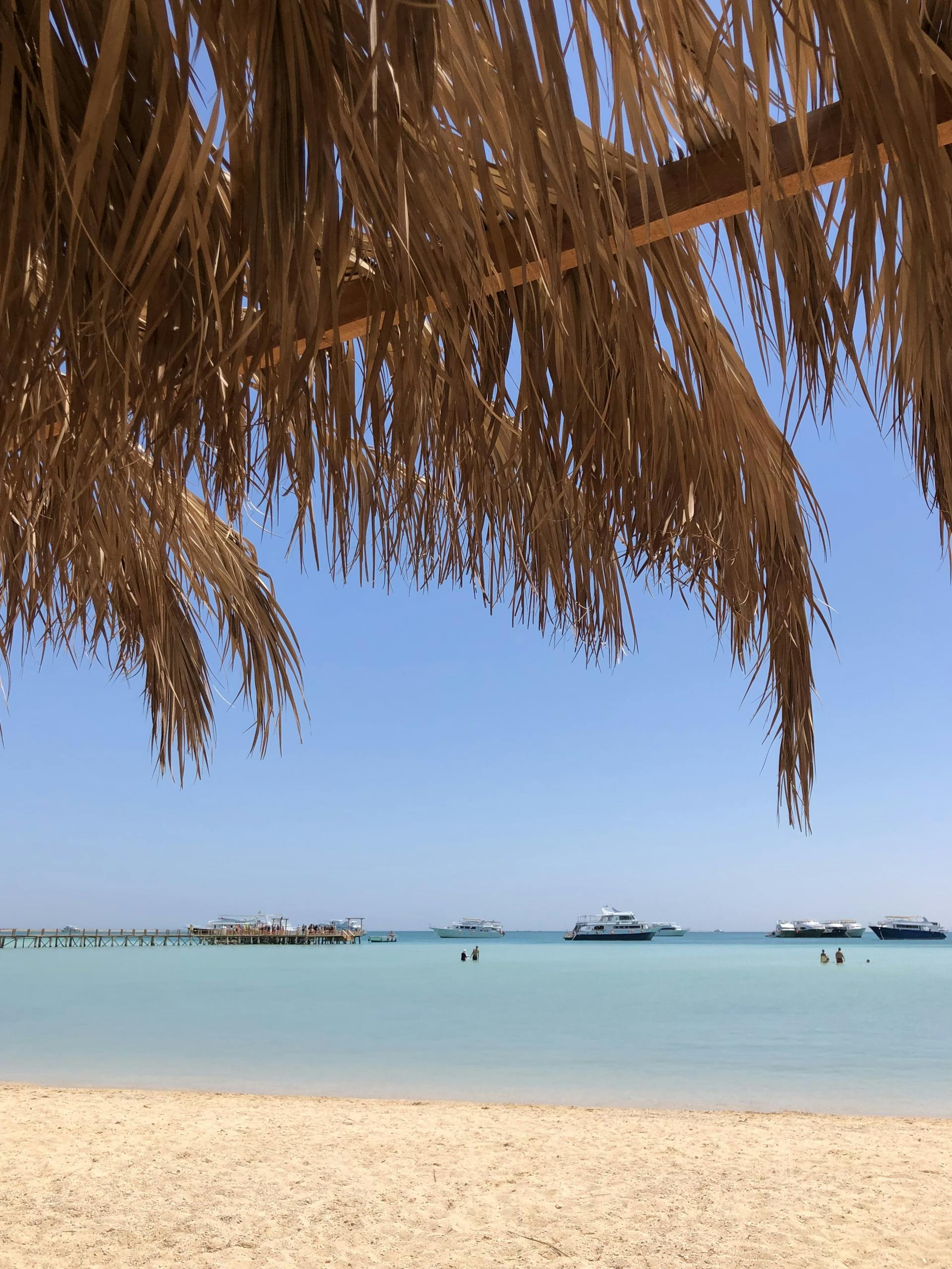 Offerings Relaxing beach view in Hurghada, Egypt with clear blue water, boats, and palm leaves.