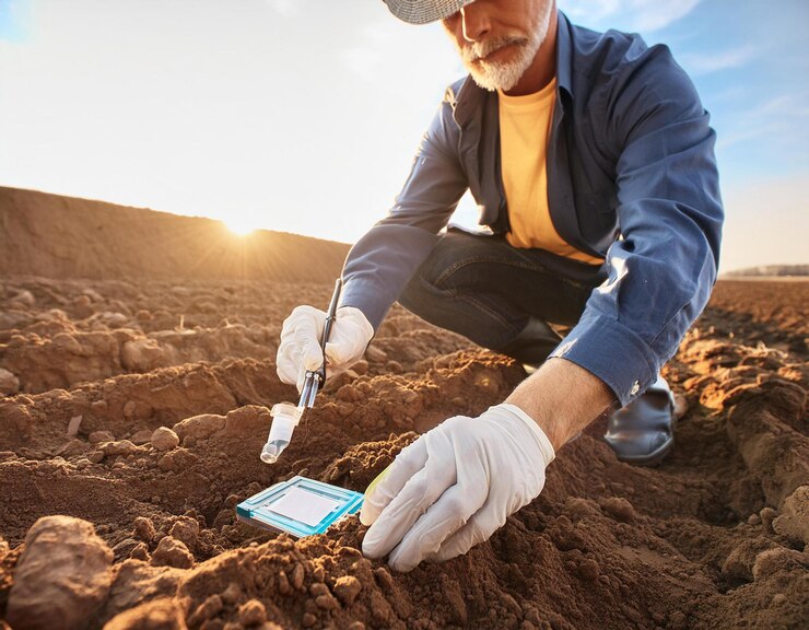 Environmental Baseline Studies farmer checking soil quality with soil sample kit 1271419 20026