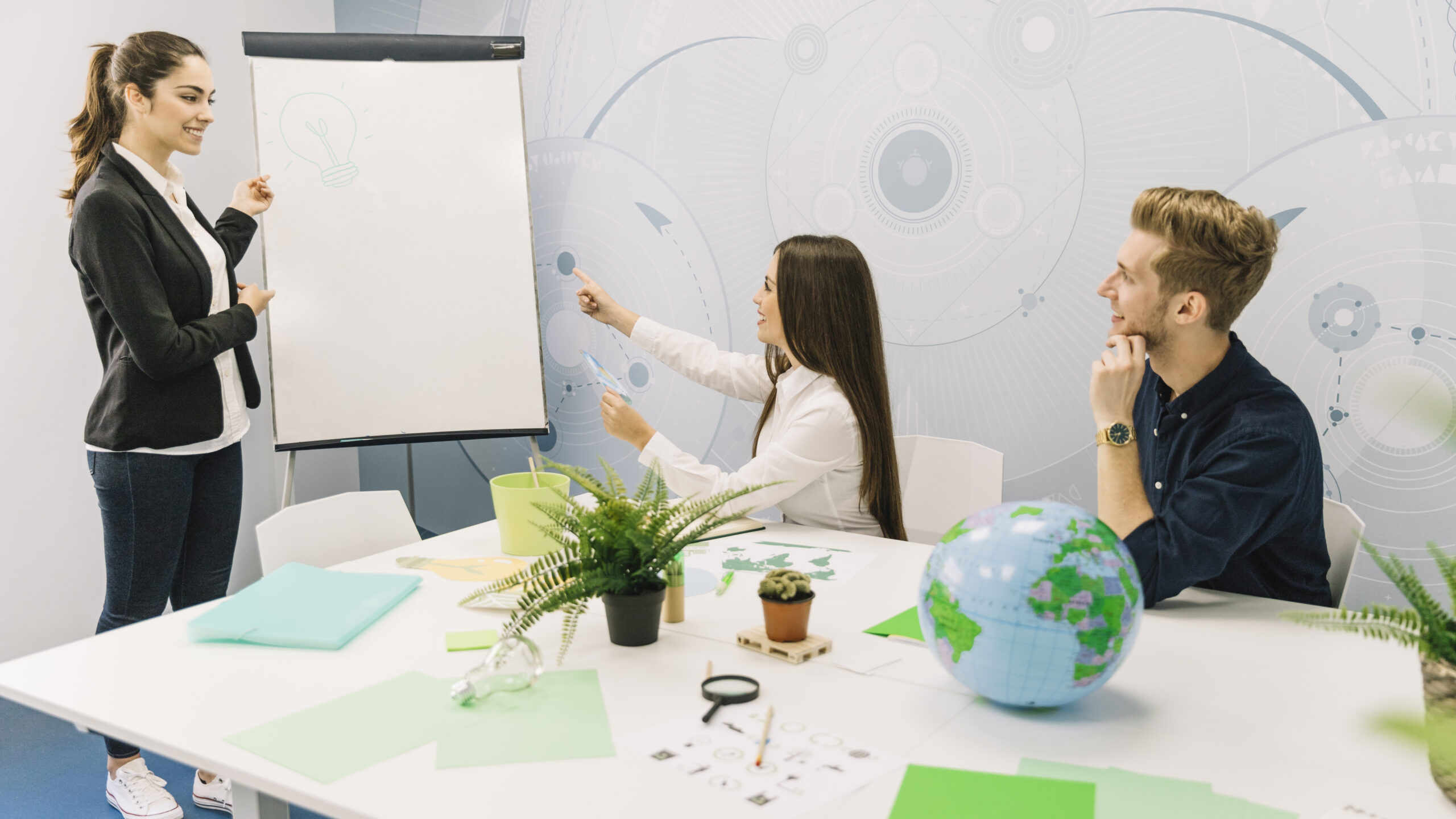 group businesspeople discussing energy saving business meeting