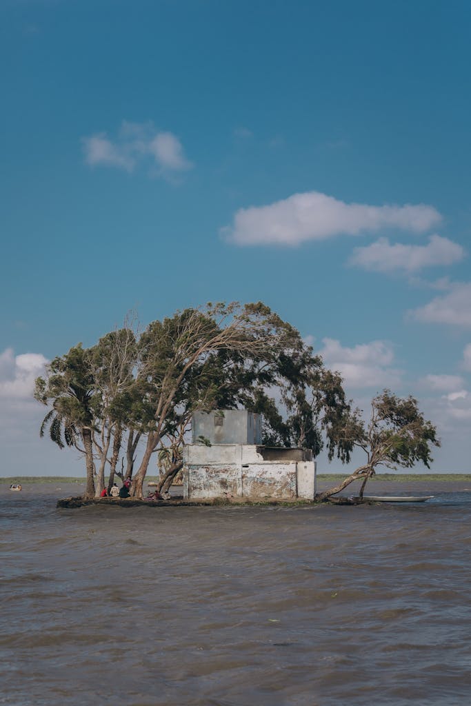 About Us Lonely house surrounded by trees on a small island in Nile River with blue sky.