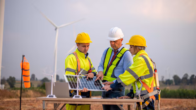 three men wearing yellow hard hats are talking each other 978391 3029