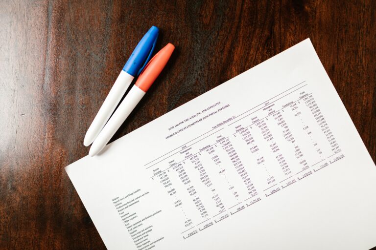 Country Legal Register and Audit Checklist for Offices and Retail Facilities A financial statement on a wooden desk with colorful pens, ideal for accounting themes.